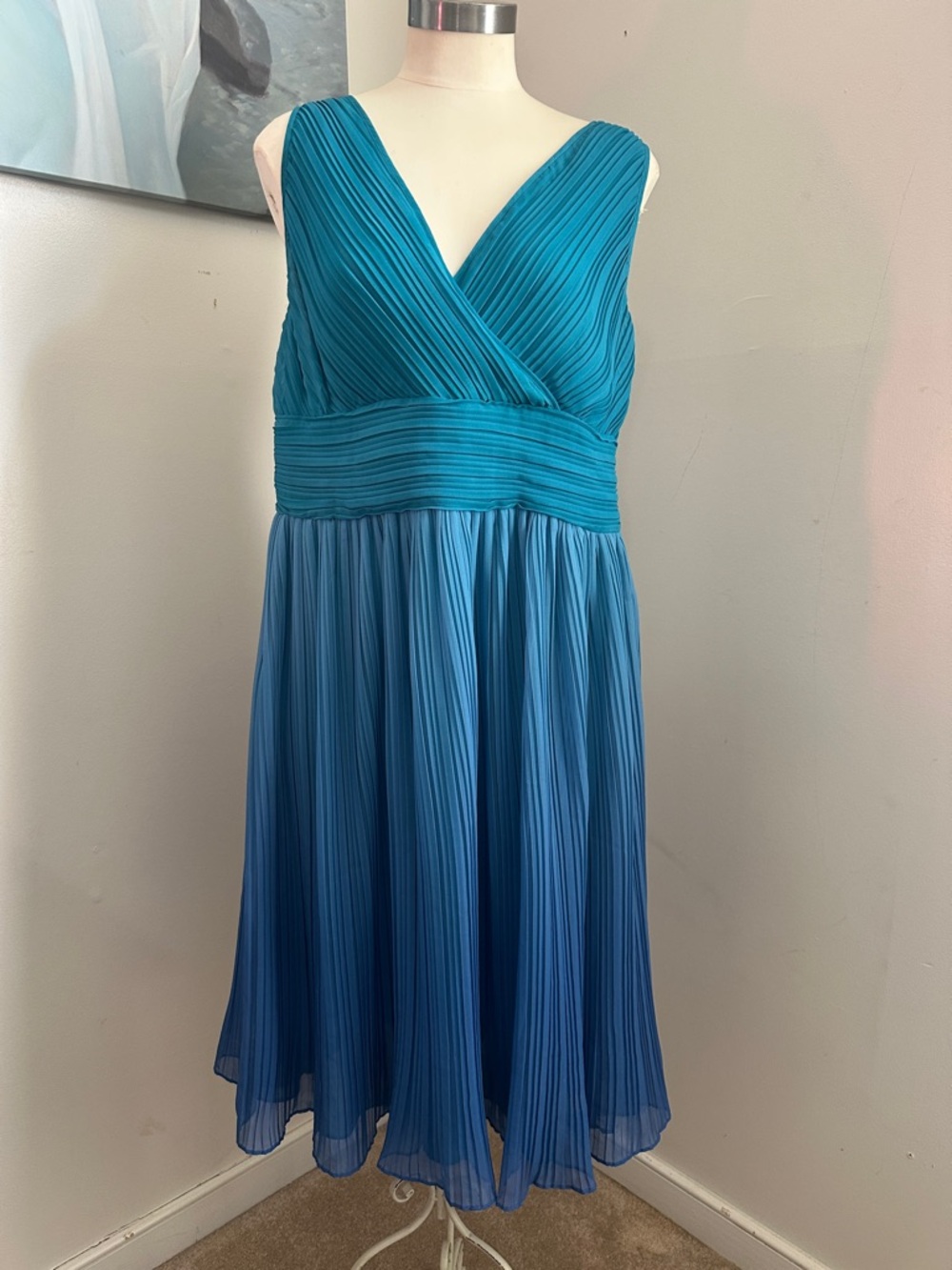 Sigrid Olsen Teal to Blue Pleated V-Neck Dress sz 14